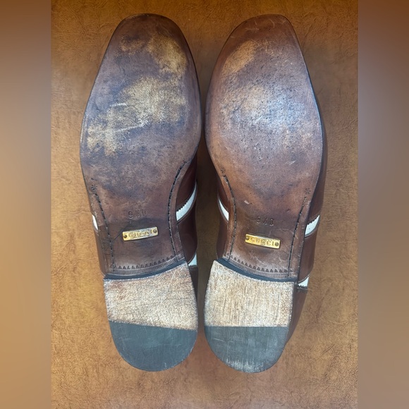 Gucci Men’s Brown & Ivory Leather Web Accent Loafers Size 9.5 — Authentic VGC - Picture 9 of 13
